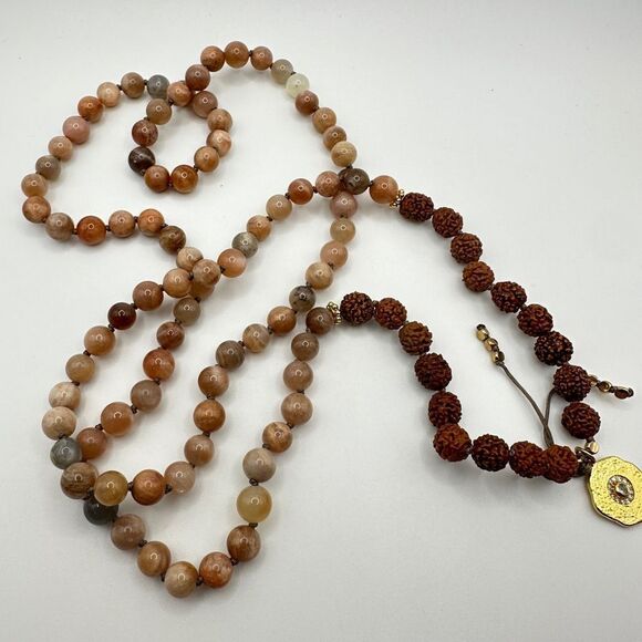39" of solid peach moonstone, and Rudraksha Mala beaded necklace! - Picture 7 of 15